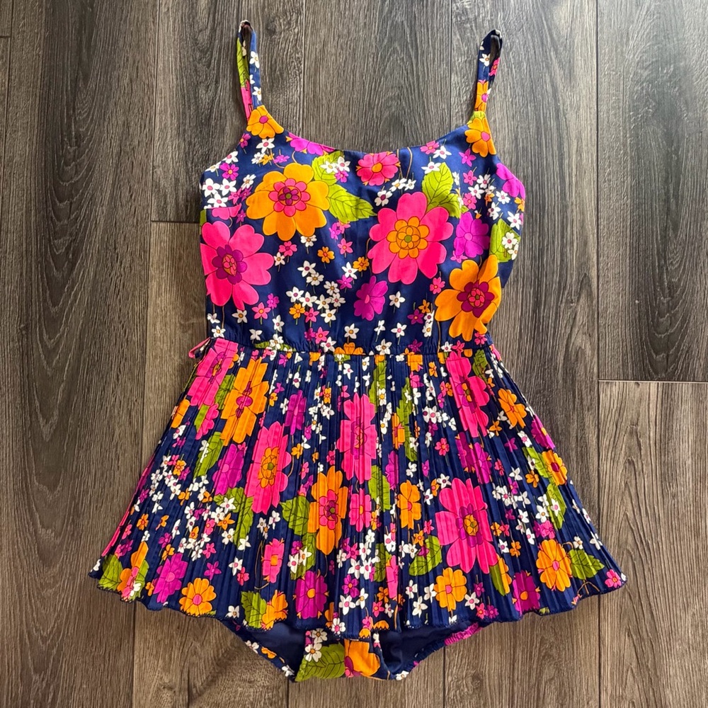 Sandcastle Vintage Floral Pleated Swim Dress Navy Pink Size 10 Retro Mod - Picture 4 of 16